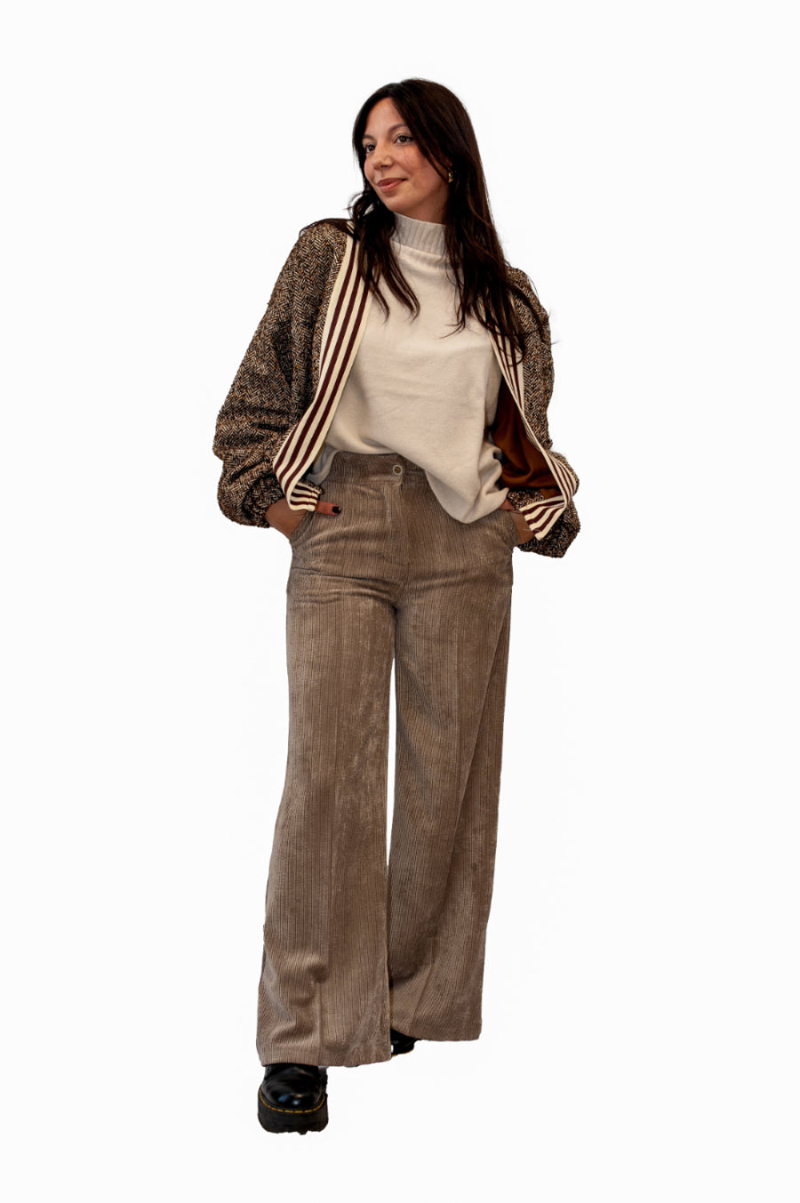 Outfit bomber spinato maglione tre quarti pantalone velluto a coste