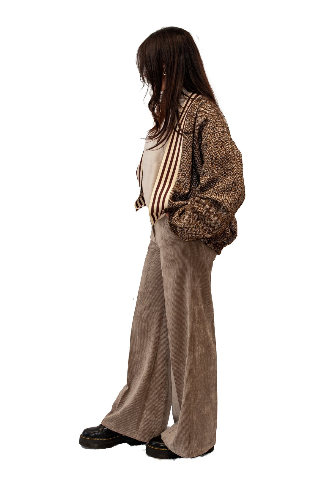 Outfit bomber spinato maglione tre quarti pantalone velluto a coste