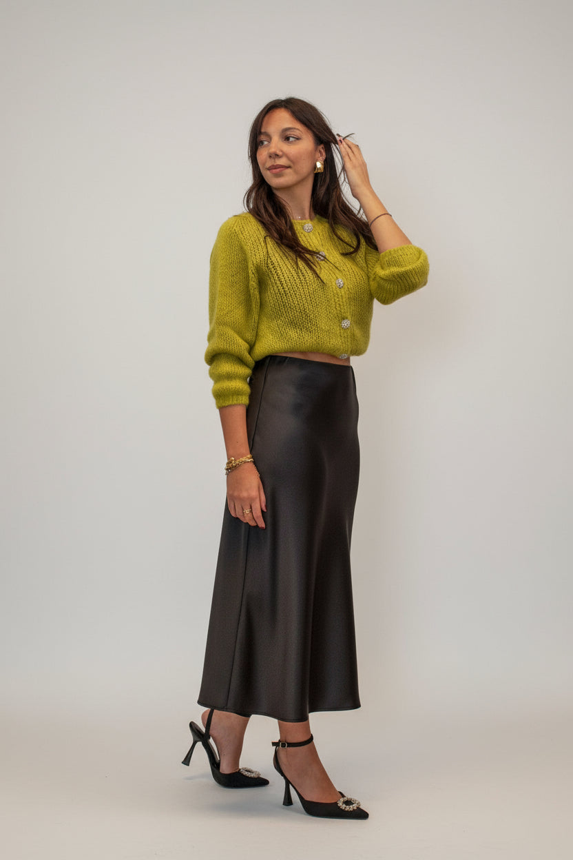 Outfit gonna raso maglione gioiello