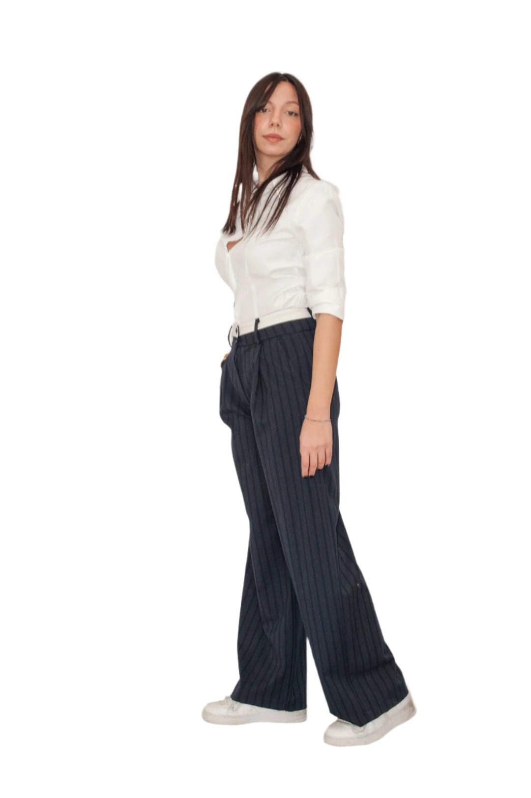 Pantalone gessato doppia cintura due bottoni