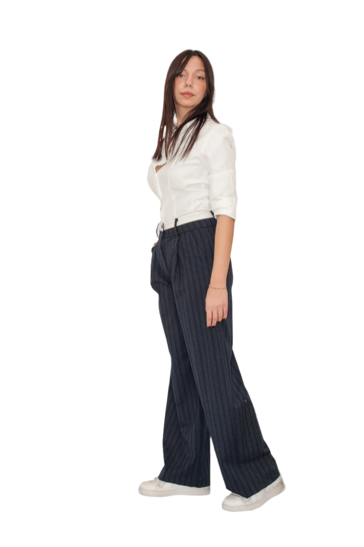 Pantalone gessato doppia cintura due bottoni